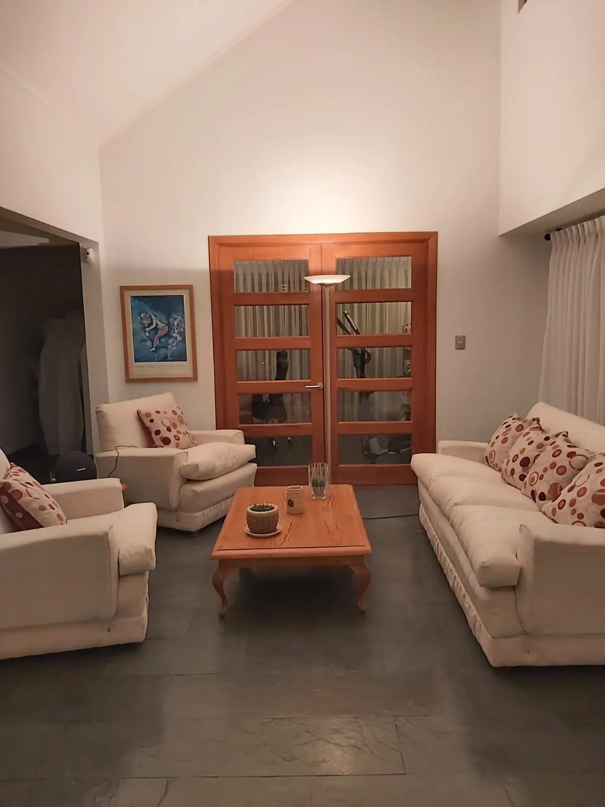 Living amoblado con puertas de madera